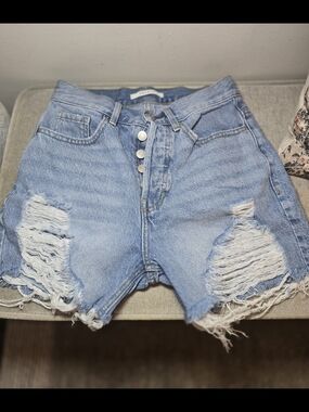 PacSun Light Blue Distressed High-Rise Button-Fly Denim Shorts